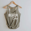 Beach Babe racerback tank in venetian grey with white lettering