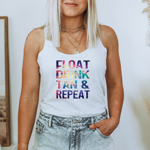 Float Drink Tan & Repeat graphic on white tank