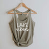 Lake Vibes racerback tank in venetian grey with white lettering