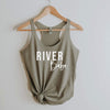 River babe racerback tank in venetian grey with white lettering