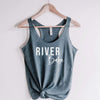 River babe racerback tank in indigo blue with white lettering