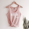 River babe racerback tank in pink with white lettering