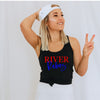 River babes in red and blue text on modeled black tank 