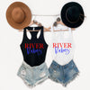 River Babes in Red and blue text on black and white racerback tanks