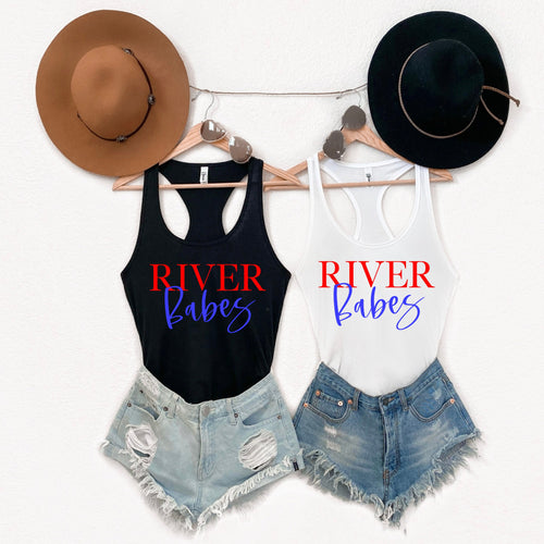River Babes in Red and blue text on black and white racerback tanks
