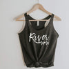 River mama racerback tank in vintage black with white lettering