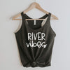 River Vibes racerback tank in vintage black with white lettering