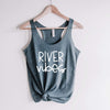 River Vibes racerback tank in indigo blue with white lettering
