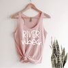 River Vibes racerback tank in pink with white lettering