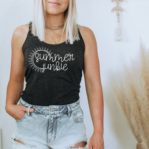 Summer Junkie racerback tank in vintage black with sun white lettering