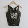Sunshine And Good Feelings racerback tank in vintage black with black lettering