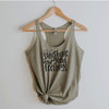 Sunshine And Good Feelings racerback tank in venetian grey with black lettering