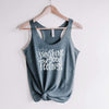 Sunshine And Good Feelings racerback tank in indigo blue with white lettering