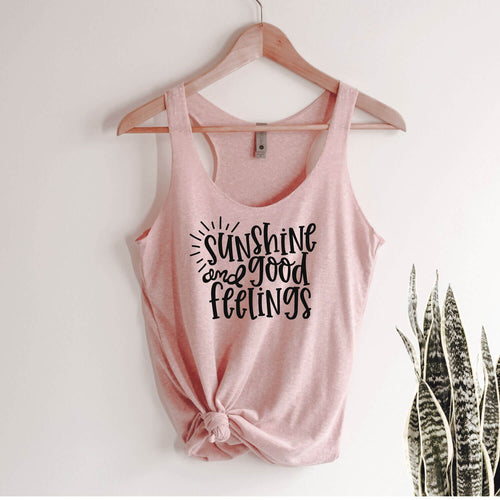 Sunshine And Good Feelings racerback tank in pink with black lettering