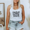 Sunshine And Good Feelings racerback tank in vintage white with black lettering